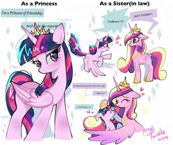 Size: 2048x1723 | Tagged: safe, artist:petaltwinkle, derpibooru import, princess cadance, twilight sparkle, twilight sparkle (alicorn), alicorn, pony, contrast, cute, cutedance, dialogue, duo, eyes closed, female, floating heart, floppy ears, g4, happy, head pat, heart, hug, image, jpeg, mare, new crown, pat, signature, simple background, smiling, speech bubble, stoic, sweat, sweatdrop, text, twiabetes, white background, winghug, wings