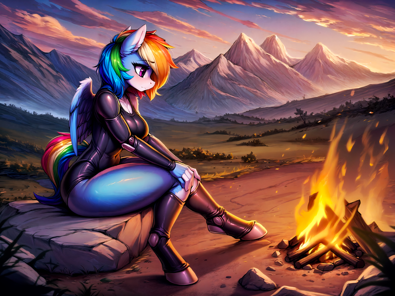 Size: 2048x1536 | Tagged: safe, ai content, derpibooru import, machine learning generated, prompter:furtek, stable diffusion, rainbow dash, anthro, pegasus, alternate timeline, amputee, apocalypse dash, bodysuit, clothes, crystal war timeline, derpibooru exclusive, detailed background, female, fire, g4, generator:easyfluff v11.2, image, mountain, mountain range, png, prosthetic limb, prosthetics, robotic arm, sad, sitting, solo, solo female, wings