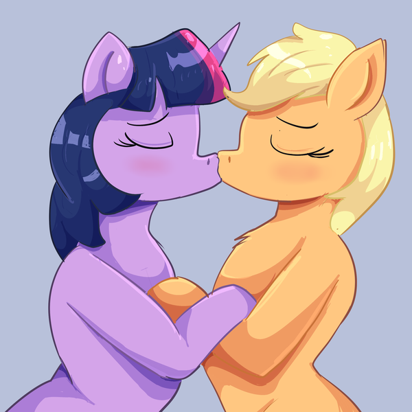 Size: 2500x2500 | Tagged: safe, artist:maldoando, derpibooru import, applejack, twilight sparkle, earth pony, pony, unicorn, blushing, commission, duo, female, image, kiss on the lips, kissing, lesbian, png, ship:twijack, shipping