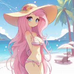 Size: 1024x1024 | Tagged: safe, ai content, derpibooru import, machine learning generated, fluttershy, human, adorasexy, anime, arm behind back, beach, beach chair, beach hat, beach umbrella, belly button, bikini, blushing, breasts, chair, clothes, cute, g4, generator:bing image creator, generator:dall-e 3, hat, humanized, image, jpeg, long hair, looking at you, ocean, outdoors, palm tree, sexy, shyabetes, smiling, smiling at you, solo, standing, striped swimsuit, sun hat, swimsuit, tree, umbrella, water