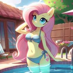 Size: 1024x1024 | Tagged: safe, ai content, derpibooru import, machine learning generated, fluttershy, anthro, adorasexy, arm behind head, belly button, bikini, breasts, cleavage, clothes, cute, g4, generator:bing image creator, generator:dall-e 3, image, jpeg, outdoors, partially submerged, sexy, shyabetes, side-tie bikini, smiling, solo, standing in water, swimming pool, swimsuit, water, wingless, wingless anthro, wrong cutie mark