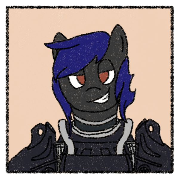 Size: 650x650 | Tagged: safe, artist:nukepony360, derpibooru import, oc, oc:paladin ash blossom, unofficial characters only, earth pony, pony, fallout equestria, armor, border, bust, female, image, lidded eyes, looking at you, mare, no helmet, png, portrait, power armor, simple background, solo