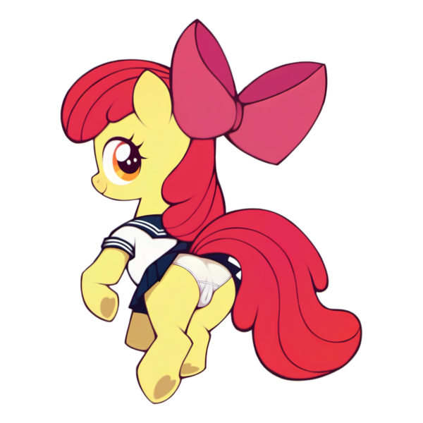 Size: 1900x1900 | Tagged: questionable, ai content, derpibooru import, machine learning assisted, apple bloom, earth pony, pony, aside glance, bloom butt, butt, cameltoe, clothes, female, filly, foal, foalcon, hoof heart, image, looking at you, panties, png, sailor uniform, sideways glance, simple background, skirt, smiling, solo, transparent background, underage, underhoof, underwear, uniform