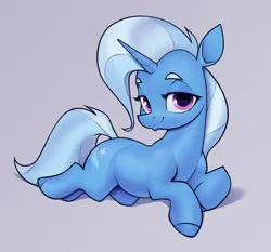 Size: 2521x2352 | Tagged: safe, artist:aquaticvibes, derpibooru import, trixie, pony, unicorn, female, gray background, image, lidded eyes, looking at you, lying down, mare, png, prone, simple background, smiling, smirk, smug, solo
