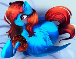 Size: 3978x3072 | Tagged: safe, artist:2pandita, derpibooru import, oc, oc:lucid heart, unofficial characters only, pegasus, pony, donut, food, image, pegasus oc, png, solo, wings