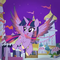 Size: 2000x2000 | Tagged: safe, alternate version, derpibooru import, twilight sparkle, twilight sparkle (alicorn), oc, alicorn, pony, alternate character, alternate hairstyle, alternate universe, canterlot, clothes, colored wings, flying, gliding, gradient mane, gradient tail, gradient wings, image, png, scarf, solo, spread wings, tail, wings