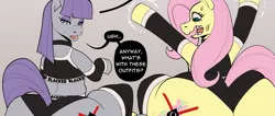 Size: 1961x831 | Tagged: suggestive, artist:blazinahegao, fluttershy, maud pie, earth pony, pegasus, pony, blacked, boulder buns, branded hem, butt, dialogue, female, flutterbutt, huge butt, image, large butt, nudity, open mouth, plot, png, queen of spades, sitting, speech bubble, sweat, text, tongue out, wip