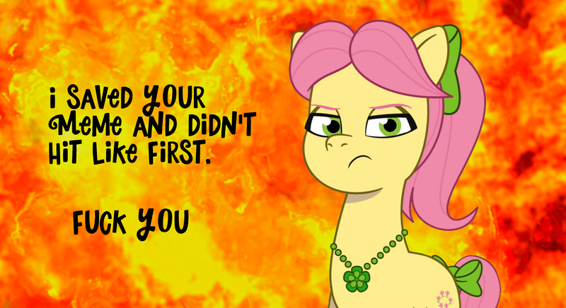 Size: 2645x1440 | Tagged: safe, derpibooru import, posey (g5), earth pony, pony, g5, annoyed, exploitable meme, explosion, font, image, looking at you, meme, png, ponified meme, ponytail, posey bloom is not amused, reaction image, solo, text, unamused, vulgar
