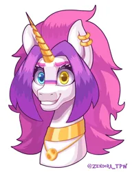 Size: 1920x2500 | Tagged: safe, artist:zendora, oc, oc:lery, unofficial characters only, alicorn, pony, alicorn oc, bust, colored horn, ear piercing, earring, eyebrows, female, grin, heterochromia, horn, image, jewelry, necklace, piercing, png, portrait, simple background, smiling, white background, wings