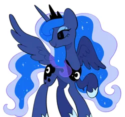 Size: 2048x1913 | Tagged: safe, artist:risswm, derpibooru import, princess luna, alicorn, pony, female, image, mare, no sclera, one wing out, png, simple background, smiling, solo, turned head, white background, wings