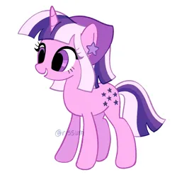 Size: 1585x1585 | Tagged: safe, artist:risswm, derpibooru import, twilight (g1), pony, unicorn, g1, bandana, ear piercing, earring, eye clipping through hair, female, g1 to g4, g4, generation leap, grin, image, jewelry, mare, piercing, png, signature, simple background, smiling, solo, white background