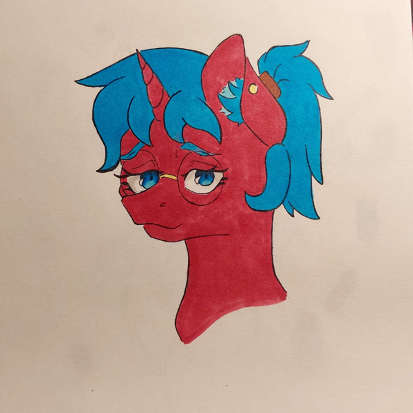 Size: 2448x2448 | Tagged: safe, artist:chacarron, derpibooru import, oc, oc:polyatomics, unofficial characters only, pony, unicorn, alternate universe, bust, ear piercing, female, glasses, image, mare, piercing, png, portrait, simple background, solo, traditional art