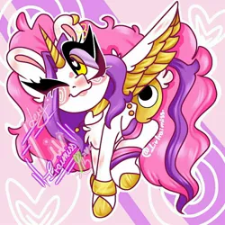 Size: 1080x1080 | Tagged: safe, artist:lery rada, oc, oc:lery, unofficial characters only, alicorn, pony, abstract background, alicorn oc, cutie mark, ear piercing, earring, female, flying, heart eyes, horn, image, jewelry, jpeg, necklace, one eye closed, piercing, solo, tail, wingding eyes, wings, wink