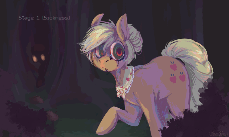 Size: 4445x2657 | Tagged: semi-grimdark, artist:urbanqhoul, derpibooru import, applejack, earth pony, pony, clothes, eyes in the dark, female, granny smith's shawl, hatless, high res, image, infected, mare, missing accessory, png, scarf, solo focus, teary eyes