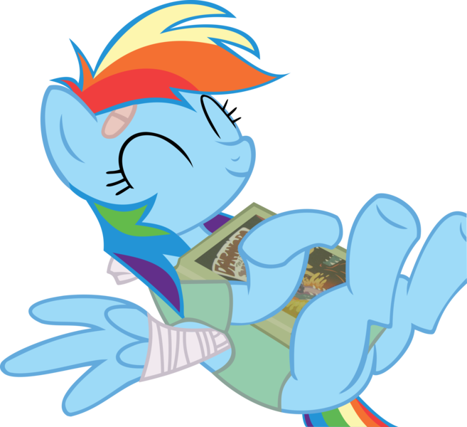 Size: 9679x8846 | Tagged: safe, artist:retroponybro, derpibooru import, rainbow dash, pegasus, book, broken wing, female, happy, image, inkscape, png, simple background, solo, transparent background, vector, wings