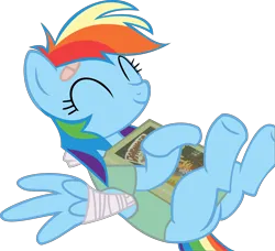 Size: 9679x8846 | Tagged: safe, artist:retroponybro, derpibooru import, rainbow dash, pegasus, book, broken wing, female, happy, image, inkscape, png, simple background, solo, transparent background, vector, wings