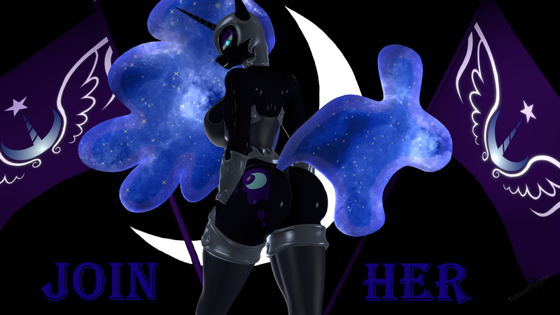 Size: 1920x1080 | Tagged: questionable, artist:fanaticheretic7, derpibooru import, nightmare moon, princess luna, alicorn, anthro, 3d, armor, breasts, butt, crescent moon, ethereal mane, ethereal tail, flag, g4, glow, glowing eyes, image, looking at you, looking back, looking back at you, lunar empire, lunar republic, moon, moonbutt, png, poster, presenting, propaganda, recruitment poster, sexy, sideboob, smiling, smiling at you, solo, stupid sexy nightmare moon, sweat, tail, text, the ass was fat, unconvincing armor, wide hips