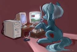 Size: 1288x869 | Tagged: artist needed, safe, earth pony, pony, 4chan, binary, cigarette, cigarette holder, cigarette smoke, computer, computer screen, cutie mark, dark teal coat, female, gray mane, hat, image, imageboard, indigo eyes, keyboard, mare, microphone, microphone stand, not fedora, png, pony keyboard, red, red hat, sitting, smoking, solo, teal coat, typing
