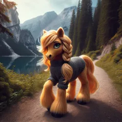 Size: 1024x1024 | Tagged: safe, ai content, machine learning generated, ponerpics import, ponybooru import, applejack, earth pony, pony, bing, braid, clothes, female, fluffy, hoers, image, jpeg, mare, missing accessory, semi-realistic, solo, sweater, trail, tree, unshorn fetlocks