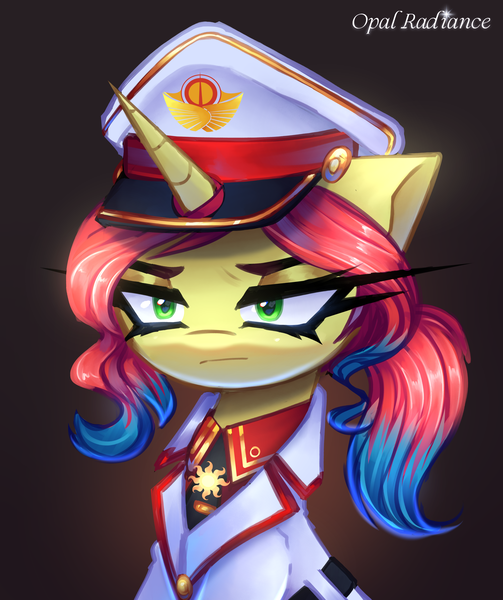 Size: 2485x2967 | Tagged: safe, artist:opal_radiance, derpibooru import, oc, oc:sunny chill, pony, unicorn, clothes, female, hat, image, mare, peaked cap, png, solar, solar empire, solo, uniform