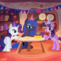 Size: 2048x2048 | Tagged: safe, artist:rayelli, derpibooru import, princess luna, rarity, twilight sparkle, alicorn, pony, unicorn, back, bipedal, birthday, butt, cake, female, food, g4, golden oaks library, happy birthday, image, library, looking at you, mare, plot, png, show accurate, sitting, standing