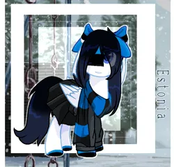 Size: 768x737 | Tagged: safe, artist:diniarvegafinahar, derpibooru import, ponified, pegasus, pony, bow, clothes, estonia, eye clipping through hair, female, image, looking up, mare, nation ponies, png, scarf, skirt, snow, solo, sweater, tree, winter, winter outfit