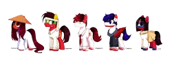 Size: 2888x1000 | Tagged: safe, artist:diniarvegafinahar, derpibooru import, part of a set, ponified, earth pony, pegasus, pony, asean, asian conical hat, clothes, eye clipping through hair, female, glasses, hat, headband, image, jacket, laos, male, mare, myanmar, nation ponies, necktie, png, scar, simple background, singapore, skirt, stallion, stars, thailand, transparent background, vietnam