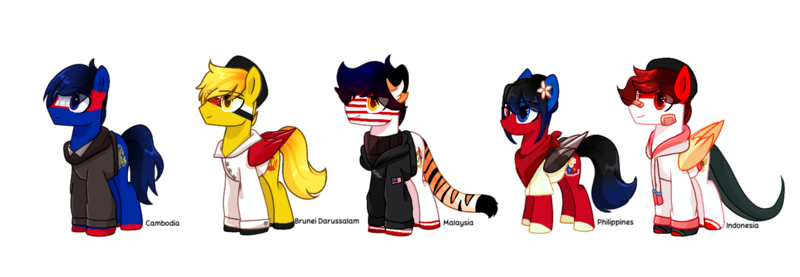 Size: 2888x1000 | Tagged: safe, artist:diniarvegafinahar, derpibooru import, part of a set, ponified, big cat, earth pony, hybrid, lizard, lizard pony, original species, pegasus, pony, tiger, asean, bandage, bandana, brunei, cambodia, clothes, colored wings, eye clipping through hair, female, flower, flower in hair, gradient mane, gradient tail, hat, heterochromia, image, indonesia, jacket, malaysia, male, mare, nation ponies, philippines, png, simple background, songkok, stallion, tail, tiger pony, transparent background, two toned wings, wings