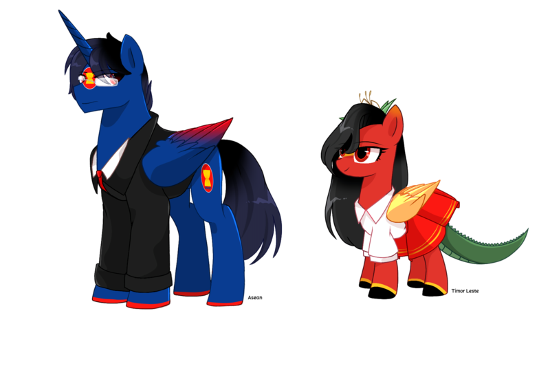 Size: 3648x2428 | Tagged: safe, artist:diniarvegafinahar, derpibooru import, part of a set, ponified, alicorn, crocodile, hybrid, original species, pegasus, pony, asean, clothes, colored wings, crocodile pony, duo, east timor, eye clipping through hair, female, flower, flower in hair, glasses, gradient wings, high res, image, lidded eyes, male, mare, nation ponies, necktie, png, simple background, skirt, stallion, timor-leste, transparent background, tuxedo, wings
