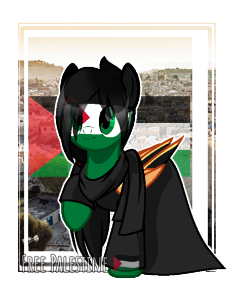 Size: 646x843 | Tagged: safe, artist:diniarvegafinahar, derpibooru import, ponified, pegasus, pony, clothes, colored wings, eye clipping through hair, female, flag, image, mare, nation ponies, palestine, png, politics, raised hoof, scarf, simple background, solo, transparent background, two toned wings, wings