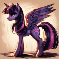 Size: 2048x2048 | Tagged: safe, ai content, derpibooru import, machine learning generated, prompter:krivovyaz, twilight sparkle, twilight sparkle (alicorn), alicorn, pony, generator:bing image creator, image, png, side view, simple background, sketch, solo, wings, wrong cutie mark