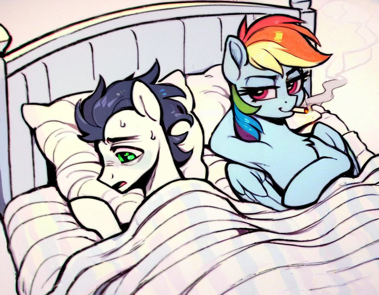 Size: 1152x896 | Tagged: safe, ai content, derpibooru import, machine learning generated, stable diffusion, rainbow dash, soarin', pegasus, pony, aftersex, armpits, bed, bedsheets, chest fluff, cigarette, cigarette smoke, duo, duo male and female, exhausted, faic, female, g4, generator:pony diffusion v6 xl, gradient background, hooves behind head, image, laying on bed, looking at you, lying down, male, mare, on bed, open mouth, partial color, pillow, png, prompter:tyto4tme4l, ruined for marriage, shipping, smiling, smiling at you, smoking, smug, smugdash, soarindash, stallion, straight, sweat, tired