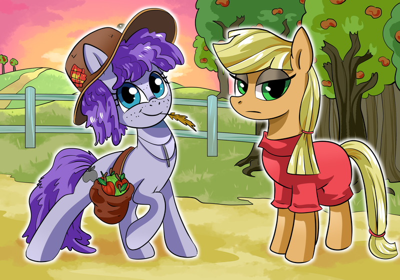 Size: 2331x1635 | Tagged: safe, artist:candyclumsy, derpibooru import, part of a set, applejack, maud pie, earth pony, pony, alternate hairstyle, apple, apple tree, bag, clothes, commission, duo, duo female, emotionless, farmer, female, fence, food, freckles, frock coat, g4, hat, image, jewelry, lidded eyes, looking at you, mare, necklace, part of a series, personality swap, png, raised hoof, role reversal, saddle bag, smiling, straw in mouth, swap, tree, when she smiles