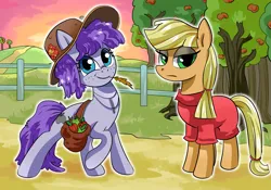 Size: 2331x1635 | Tagged: safe, artist:candyclumsy, derpibooru import, part of a set, applejack, maud pie, earth pony, pony, alternate hairstyle, apple, apple tree, bag, clothes, commission, duo, duo female, emotionless, farmer, female, fence, food, freckles, frock coat, g4, hat, image, jewelry, lidded eyes, looking at you, mare, necklace, part of a series, personality swap, png, raised hoof, role reversal, saddle bag, smiling, straw in mouth, swap, tree, when she smiles