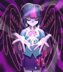 Size: 3641x4096 | Tagged: safe, artist:gunim8ed, derpibooru import, twilight sparkle, human, equestria girls, artificial wings, augmented, eyes closed, female, image, jpeg, magic, magic wings, ponied up, solo, wings