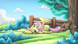 Size: 2560x1440 | Tagged: safe, artist:mysticalpha, derpibooru import, fluttershy, pegasus, pony, cute, female, fence, g4, grass, image, looking at you, lying down, mare, nature, one wing out, png, shyabetes, side, solo, tree, wings