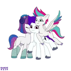 Size: 2560x2560 | Tagged: safe, artist:ramixe dash, derpibooru import, zipp storm, oc, oc:ramixe dash, pegasus, unicorn, g5, my little pony: tell your tale, female, image, kissing, male, png, ship:ramixestorm, shipping, simple background, transparent background, watermark