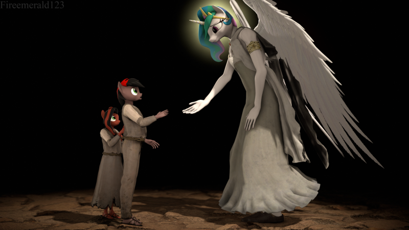 Size: 3840x2160 | Tagged: safe, artist:fireemerald123, derpibooru import, princess celestia, oc, oc:crimson feather, oc:velvet feather, anthro, 3d, clothes, dress, image, nimbus, png, realistic wings, source filmmaker, sæla, watermark, wings