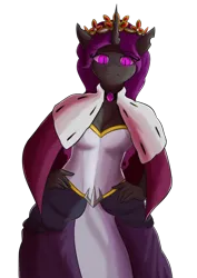 Size: 1144x1616 | Tagged: safe, artist:floppochkin, derpibooru import, changeling queen oc, oc, oc:queen lucania, unofficial characters only, anthro, changeling, changeling queen, equestria at war mod, cape, clothes, crown, dress, female, image, jewelry, png, purple eyes, purple hair, regalia, royalty, simple background, slit pupils, solo, transparent background