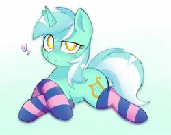 Size: 1687x1327 | Tagged: safe, artist:sillyp0ne, derpibooru import, lyra heartstrings, pony, unicorn, clothes, female, g4, gradient background, heart, horn, image, jpeg, looking at you, lying down, mare, prone, smiling, smiling at you, socks, solo, striped socks