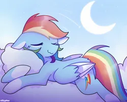 Size: 1736x1390 | Tagged: safe, artist:sillyp0ne, derpibooru import, rainbow dash, pegasus, pony, :3, cloud, crescent moon, eyes closed, female, floppy ears, folded wings, g4, image, jpeg, lying down, lying on a cloud, mare, moon, on a cloud, outdoors, prone, sky, sleeping, solo, wings