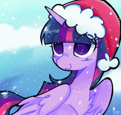 Size: 807x765 | Tagged: safe, artist:sillyp0ne, derpibooru import, twilight sparkle, twilight sparkle (alicorn), alicorn, pony, :3, christmas, eye clipping through hair, female, folded wings, g4, hat, holiday, horn, image, mare, png, santa hat, smiling, snow, snowfall, solo, wings, winter