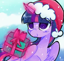 Size: 807x765 | Tagged: safe, alternate version, artist:sillyp0ne, derpibooru import, twilight sparkle, twilight sparkle (alicorn), alicorn, pony, :3, christmas, eye clipping through hair, female, folded wings, g4, glow, glowing horn, hat, holiday, horn, image, levitation, magic, magic aura, mare, png, present, santa hat, smiling, snow, snowfall, solo, telekinesis, wings, winter