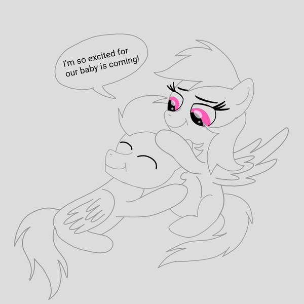 Size: 1400x1400 | Tagged: safe, artist:mrsdashskies, derpibooru import, rainbow dash, soarin', pegasus, pony, eyes closed, female, hug, image, male, mare, png, preggo dash, pregnant, shipping, sketch, smiling, soarindash, stallion, straight