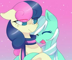 Size: 1670x1392 | Tagged: safe, artist:sillyp0ne, derpibooru import, bon bon, lyra heartstrings, sweetie drops, earth pony, pony, unicorn, duo, duo female, eye clipping through hair, eyes closed, female, g4, gradient background, image, jpeg, lesbian, lyrabon, mare, open mouth, shipping, smiling