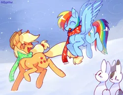 Size: 1473x1136 | Tagged: safe, artist:sillyp0ne, derpibooru import, applejack, rainbow dash, earth pony, pegasus, pony, rabbit, ^^, animal, applejack's hat, clothes, cowboy hat, duo, duo female, eye clipping through hair, eyes closed, female, flying, g4, hat, image, jpeg, mare, open mouth, open smile, scarf, smiling, snow, snowfall, spread wings, wings, winter
