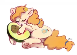 Size: 1280x927 | Tagged: safe, artist:lynxwolf, derpibooru import, pear butter, earth pony, pony, avocado, fanart, food, g4, image, png, simple background, sleeping, solo, unshorn fetlocks, white background