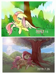 Size: 2000x2637 | Tagged: safe, artist:不可食用骨, derpibooru import, fluttershy, pegasus, pony, image, improvement, jpeg, lying down, solo, sunlight, tree