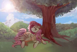 Size: 1748x1181 | Tagged: safe, artist:不可食用骨, derpibooru import, fluttershy, pegasus, pony, female, image, lying down, mare, outdoors, png, solo, sunlight, tree