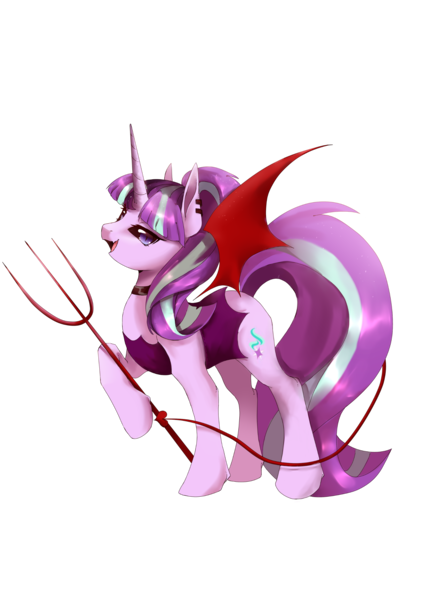 Size: 2000x2828 | Tagged: safe, artist:不可食用骨, derpibooru import, starlight glimmer, pony, clothes, cosplay, costume, devil tail, evil, female, image, mare, open mouth, open smile, png, simple background, smiling, solo, tail, transparent background